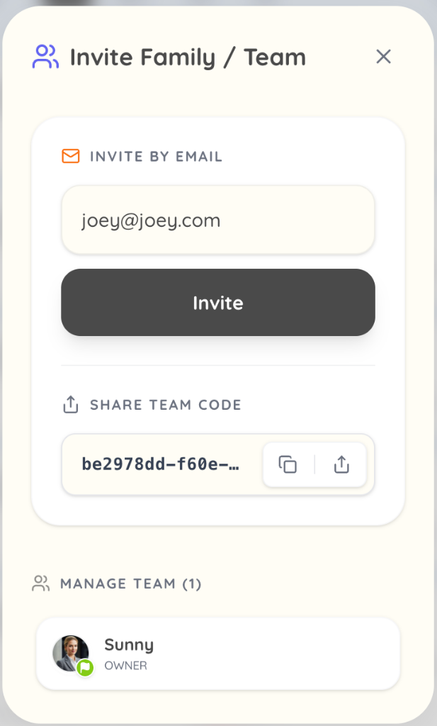Family/Team Invite Popup